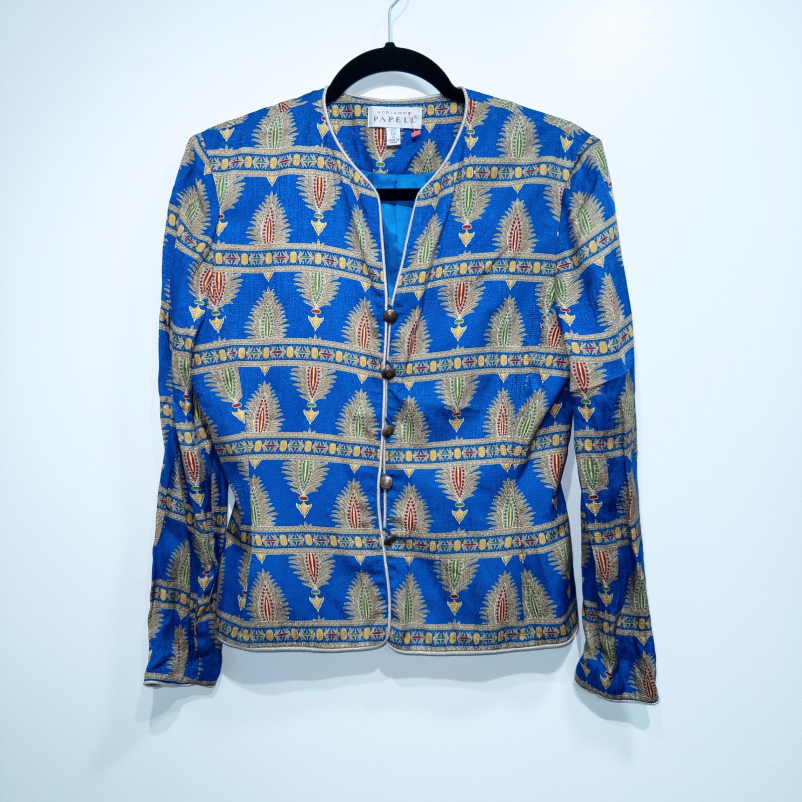 Vintage Adrianna Papell Blue Silk Botanical Leaf Printed Jacket Size 6